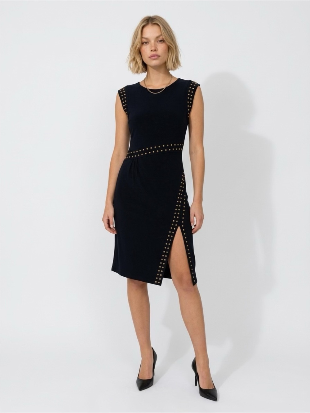 Michael Kors Navy Blue Midi Dress with Gold Stud Trim